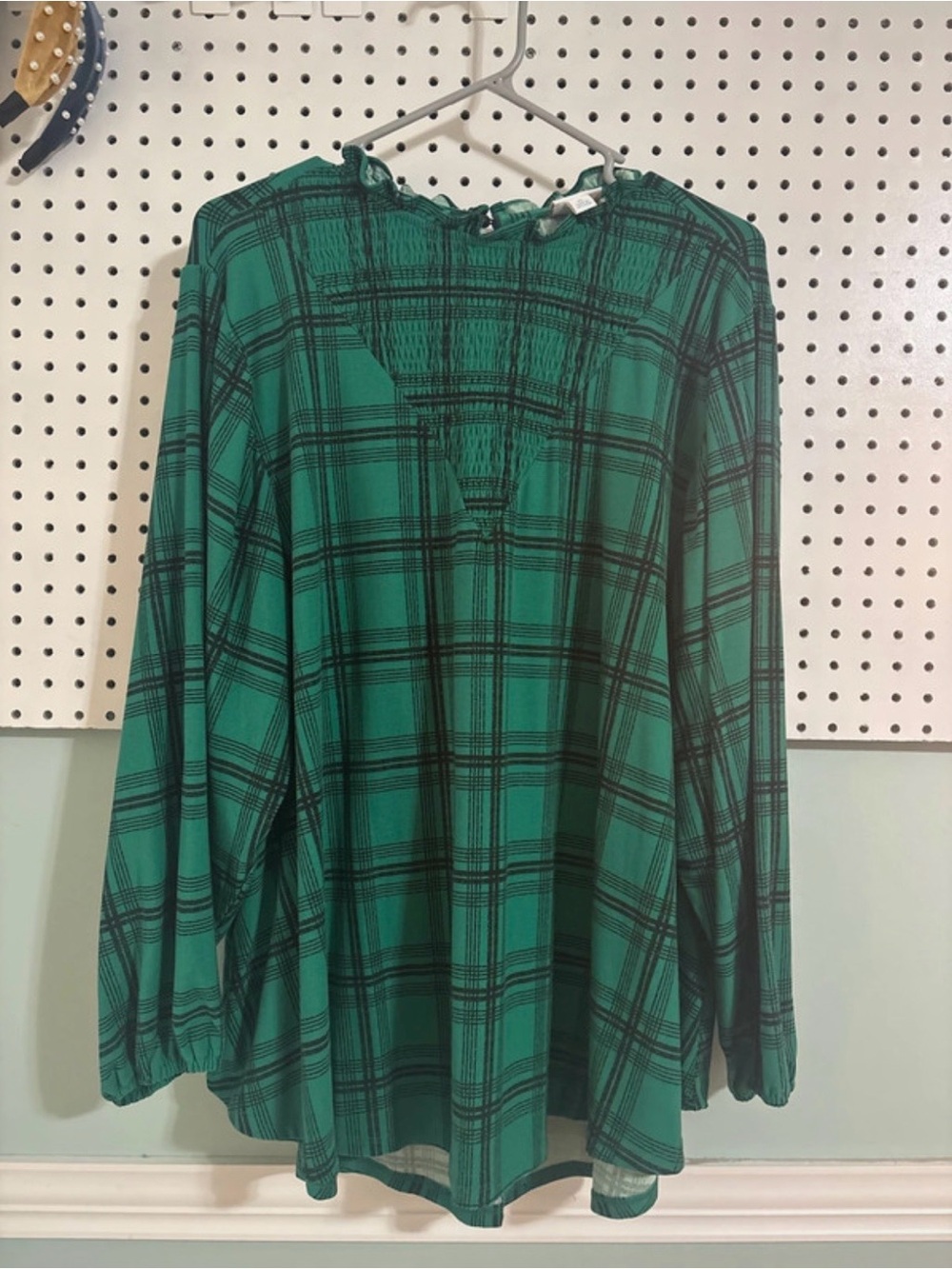 LuLaRoe Emerald Green Plaid Smocked Yoke Blouse